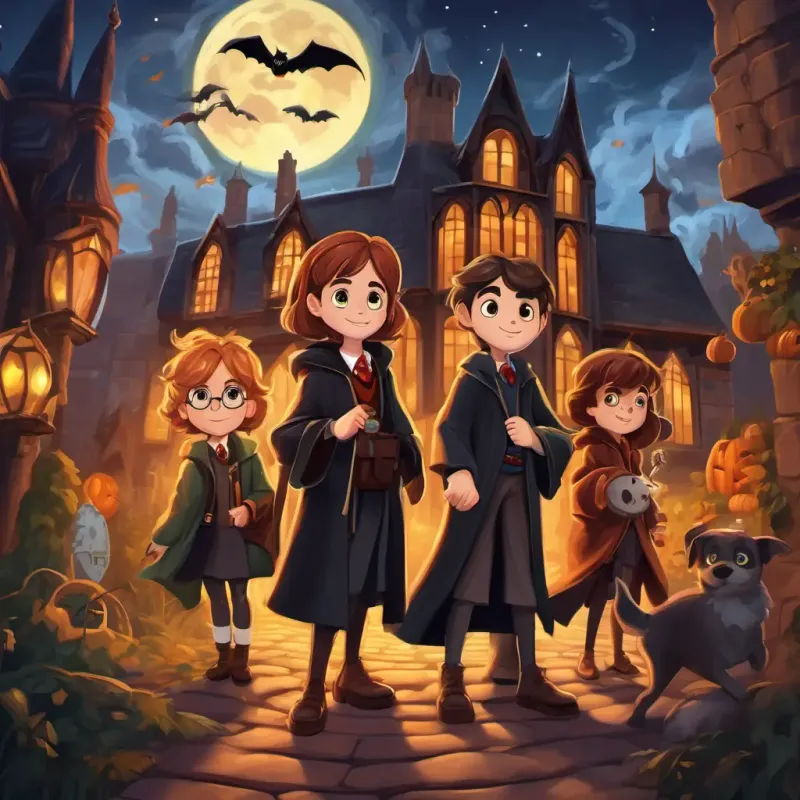 Harry, Ron, and Hermione exploring each Hogwarts house, meeting house mascots and solving puzzles.