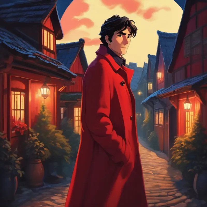Introduction to Man in a long red coat with dark hair and kind eyes and the village, night time setting