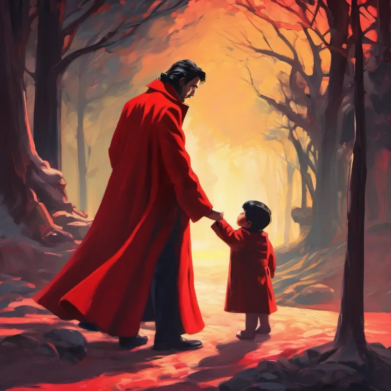 Man in a long red coat with dark hair and kind eyes discovers the ghoul woman and infant.