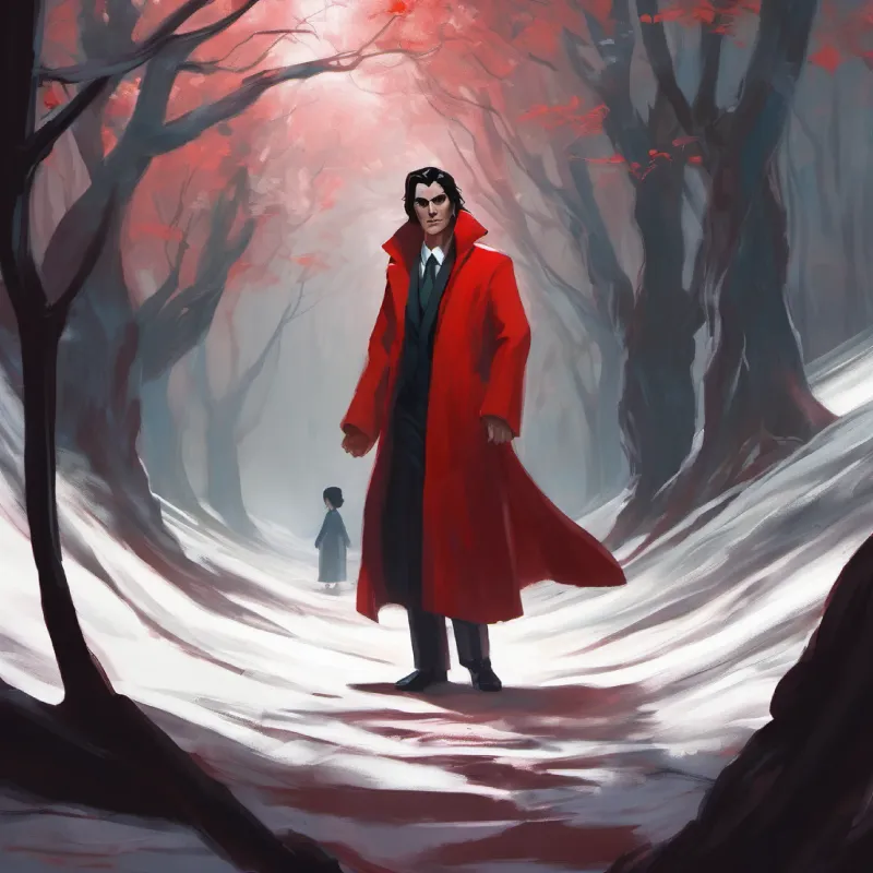 Ghoul woman pleading, Man in a long red coat with dark hair and kind eyes's internal struggle.