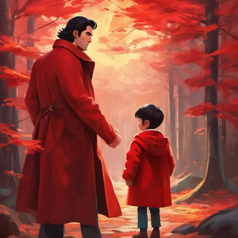 Man in a long red coat with dark hair and kind eyes using his powers to protect the child.
