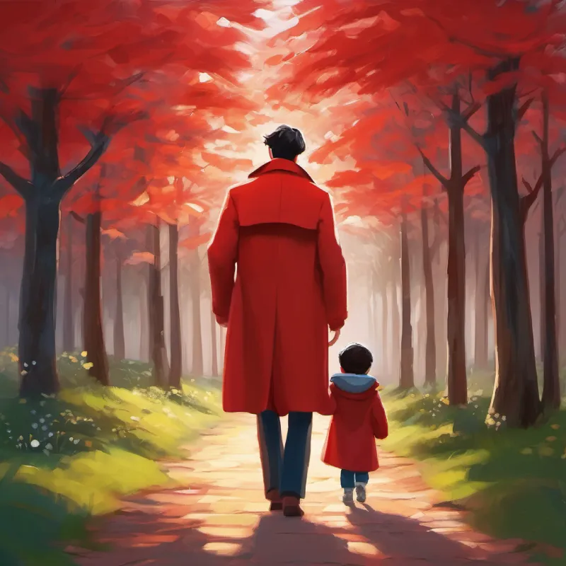 Happy ending, baby and mother safe, Man in a long red coat with dark hair and kind eyes content.