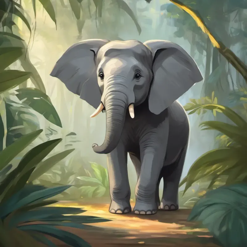 Jungle setting, A young, cheerful elephant, gray with big, kind eyes the Elephant, feeling nervous at home.