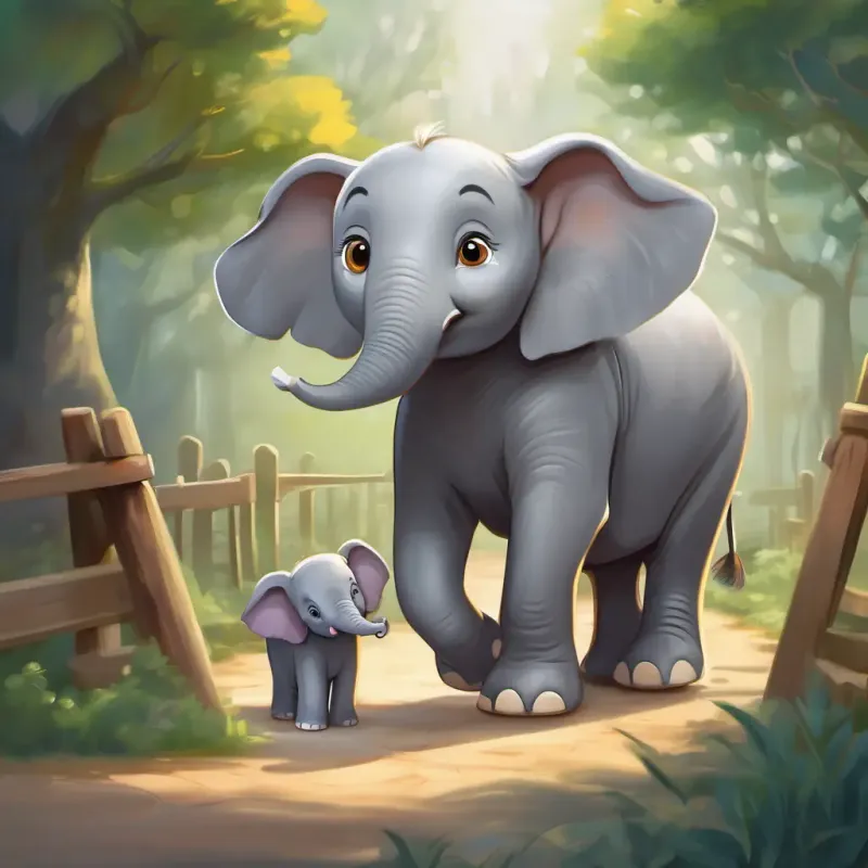 Schoolyard, A young, cheerful elephant, gray with big, kind eyes feeling self-conscious around other animals.