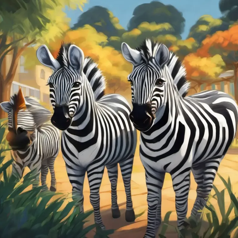 Schoolyard, meeting A friendly zebra with black and white stripes, always smiling and the monkeys.