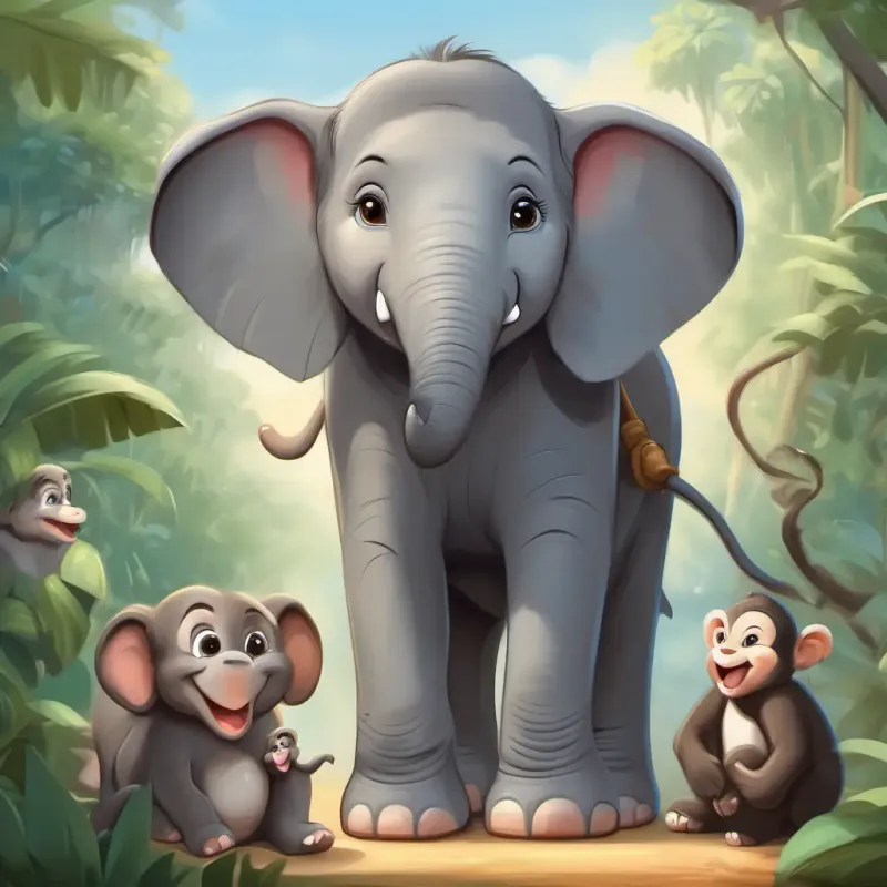 A young, cheerful elephant, gray with big, kind eyes interacting with the monkeys, feeling confident and happy.