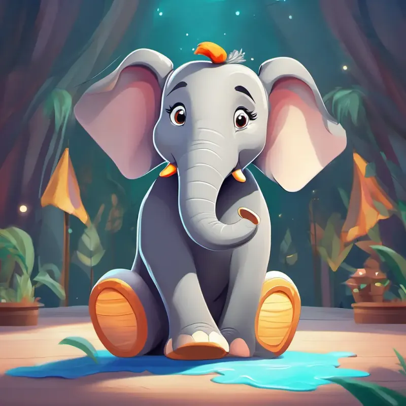 A young, cheerful elephant, gray with big, kind eyes making friends, helping others, performing in talent show.