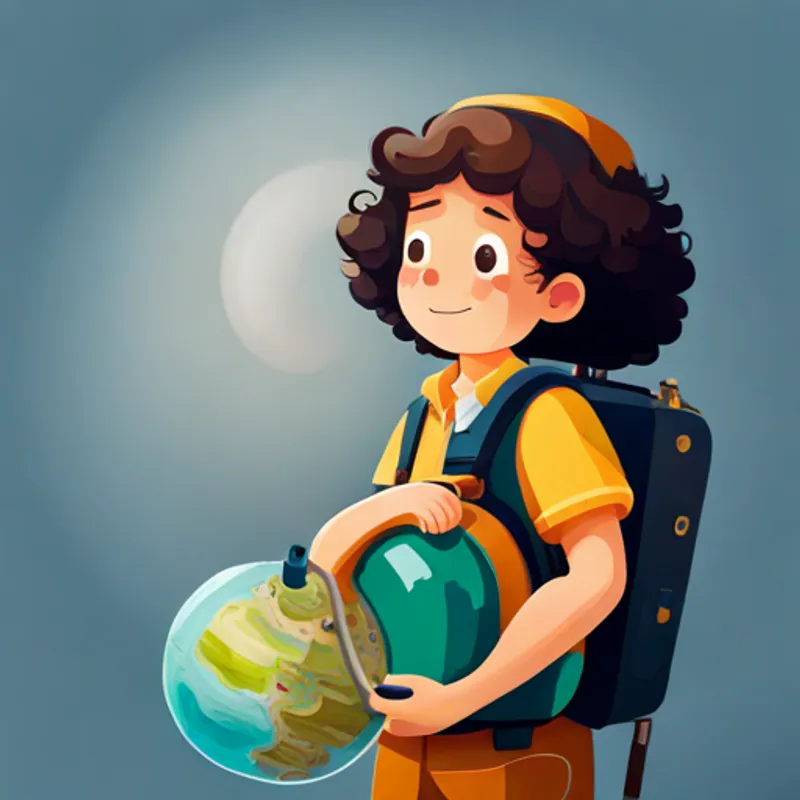 Little Curly haired girl with a backpack and camera with a globe and suitcase