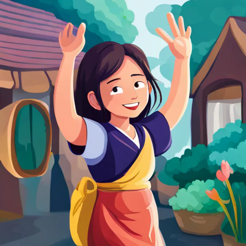 Girl waving and smiling at People of different ages and cultures, wearing colorful clothing