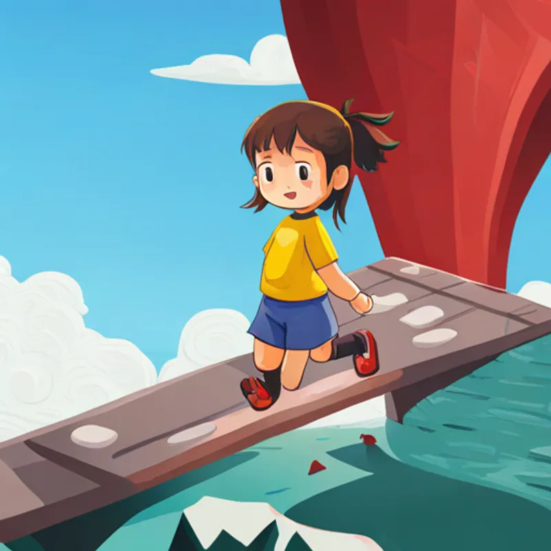Girl nervously stepping onto a bridge