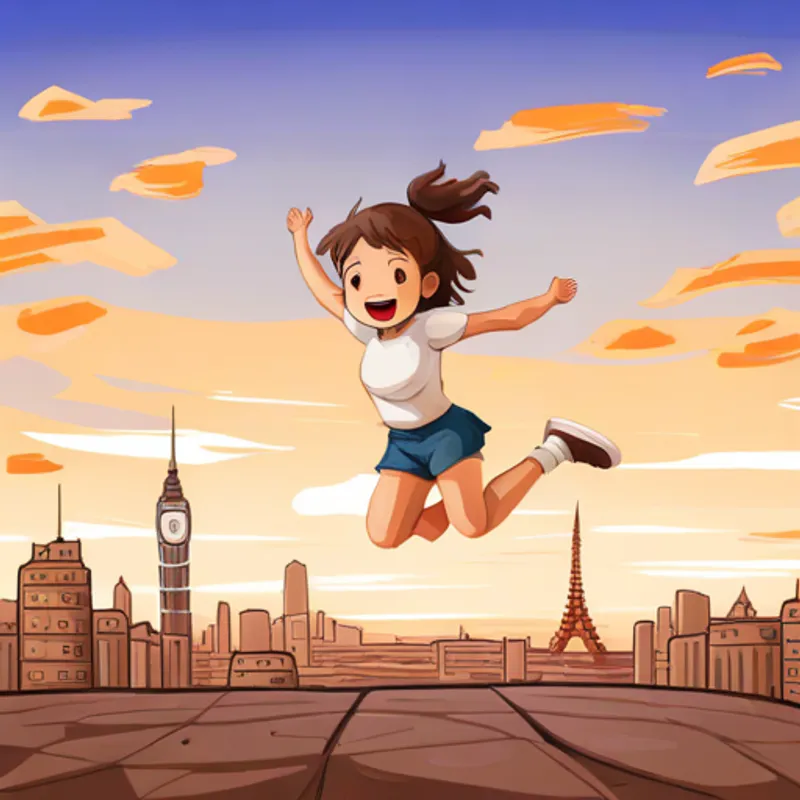 Girl jumping with excitement in front of famous landmarks
