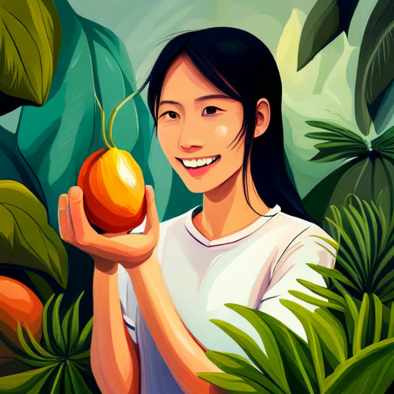Girl tasting exotic fruits and smiling
