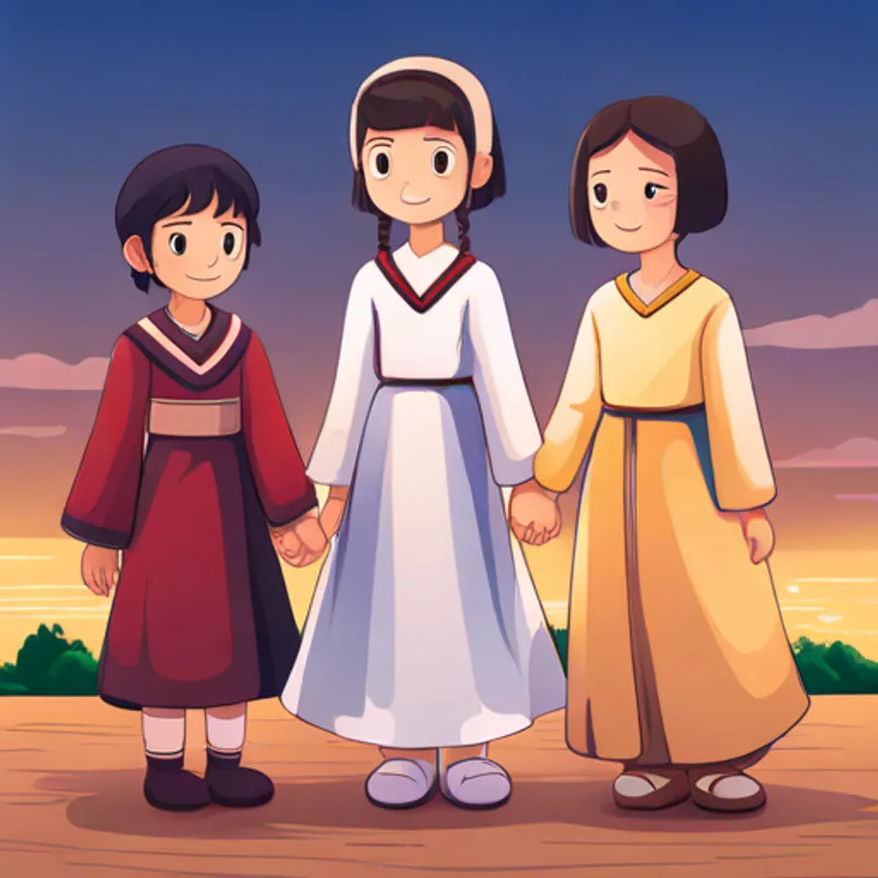 Girl holding hands with girls with various skin tones, wearing traditional attire