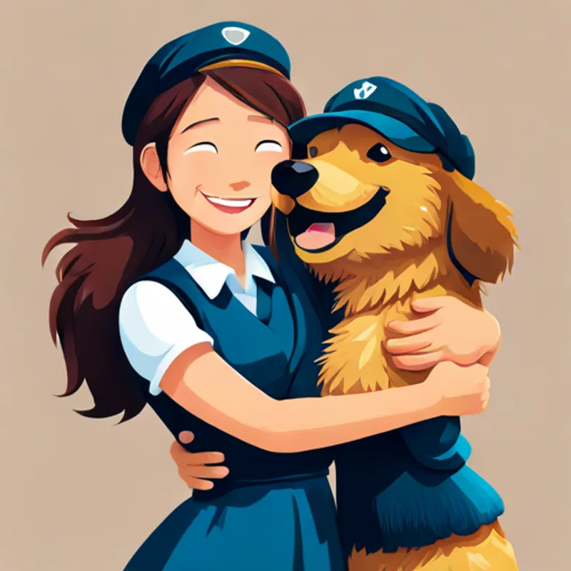 Emily hugging Detective Dog, smiling happily