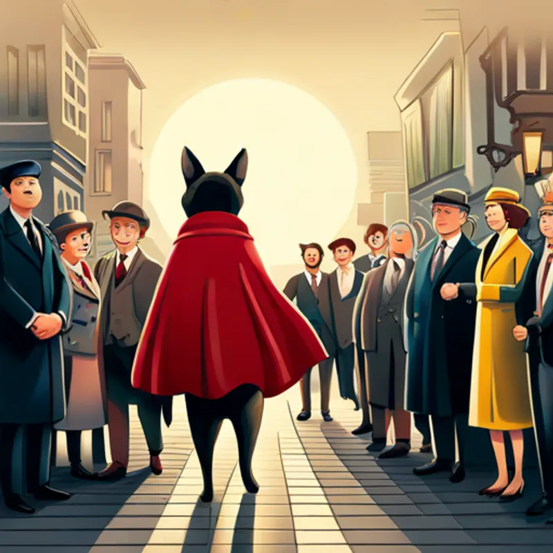 Detective Dog with a cape, surrounded by happy people