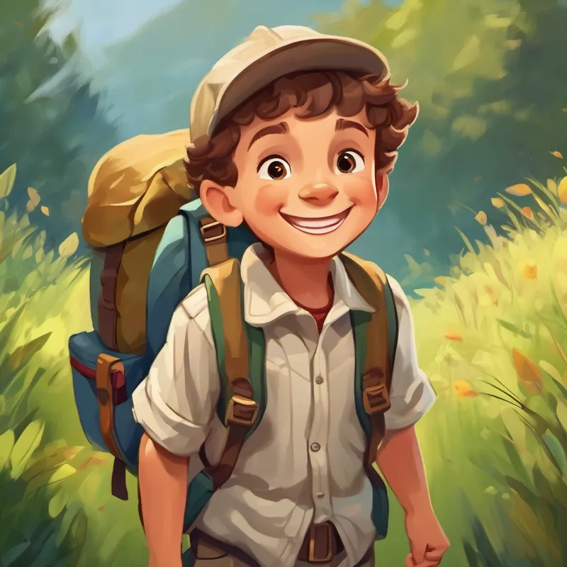 A brave boy with a friendly smile smiling with his backpack, ready for adventure