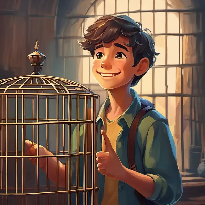 A brave boy with a friendly smile pointing towards the empty cage with curious eyes