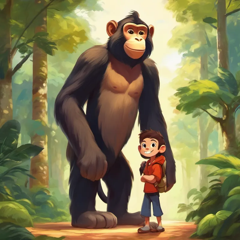A giant monkey with a kind demeanor and A brave boy with a friendly smile making eye contact, both happy
