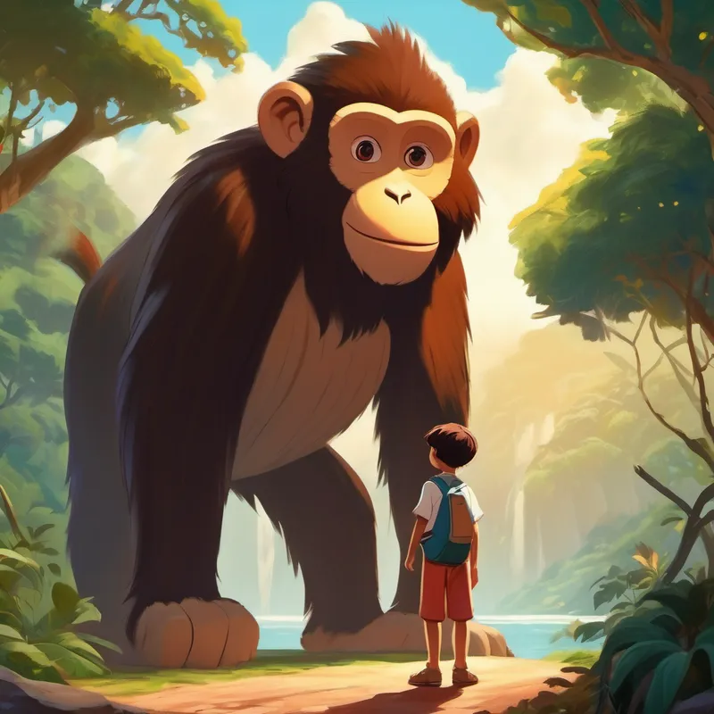 A brave boy with a friendly smile standing confidently, looking at a calm A giant monkey with a kind demeanor