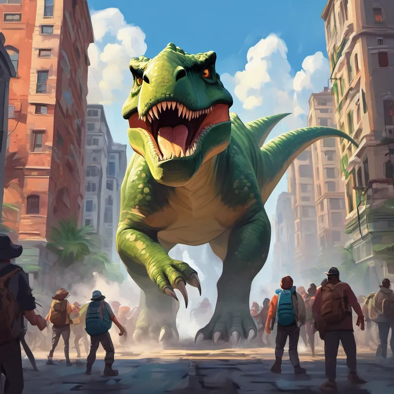 A massive dinosaur protecting his friends and his friends knocking over buildings and spreading fear
