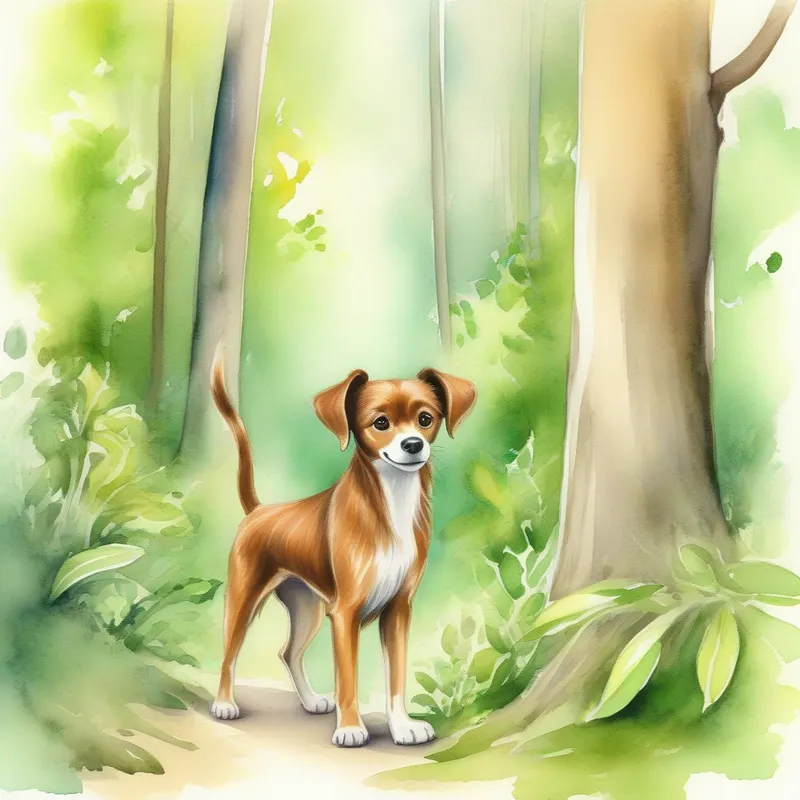 A friendly and confident dog, with a wagging tail. and A mischievous monkey, with a shy expression. walking in a green forest.