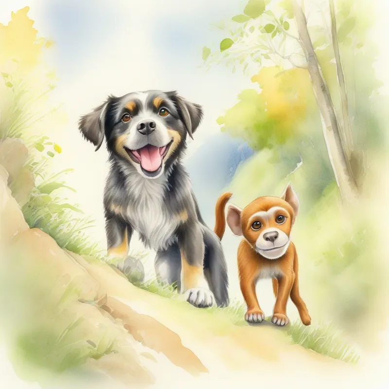 A friendly and confident dog, with a wagging tail. and A mischievous monkey, with a shy expression. climbing a steep hill.