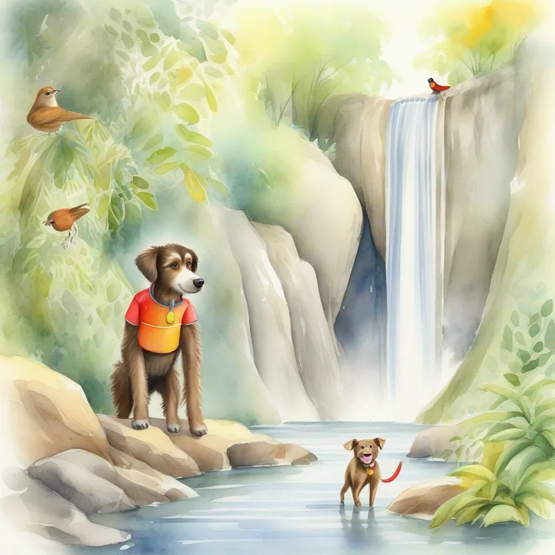 A friendly and confident dog, with a wagging tail. and A mischievous monkey, with a shy expression. looking at a hidden waterfall surrounded by birds.