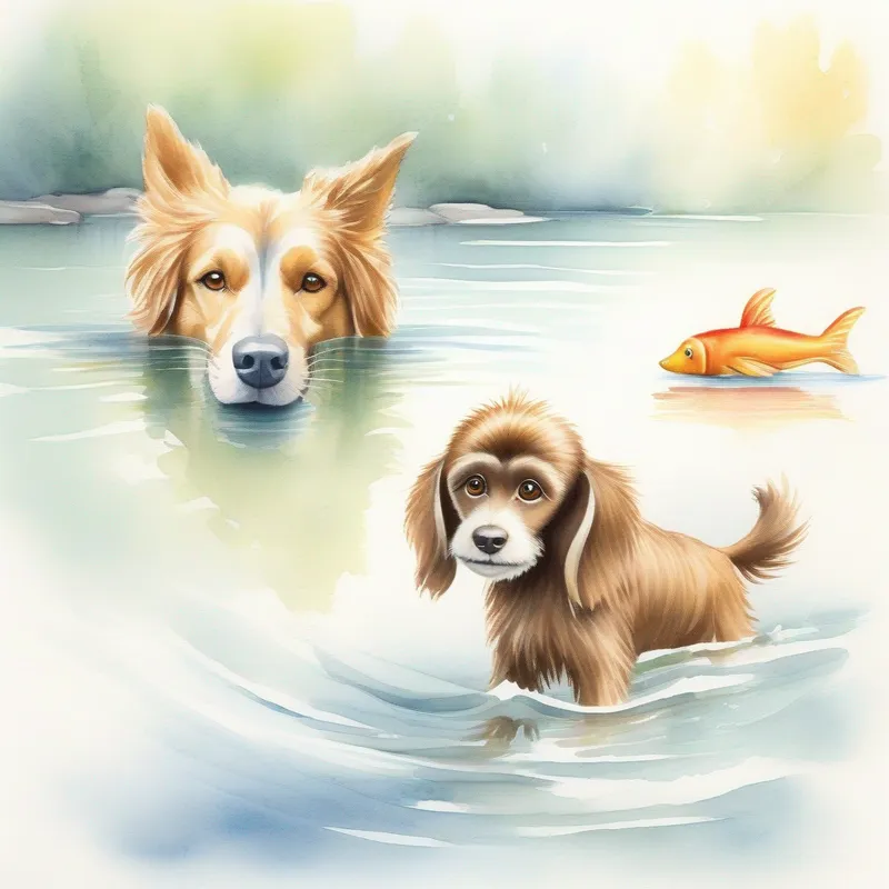 A friendly and confident dog, with a wagging tail. and A mischievous monkey, with a shy expression. swimming across a big river.