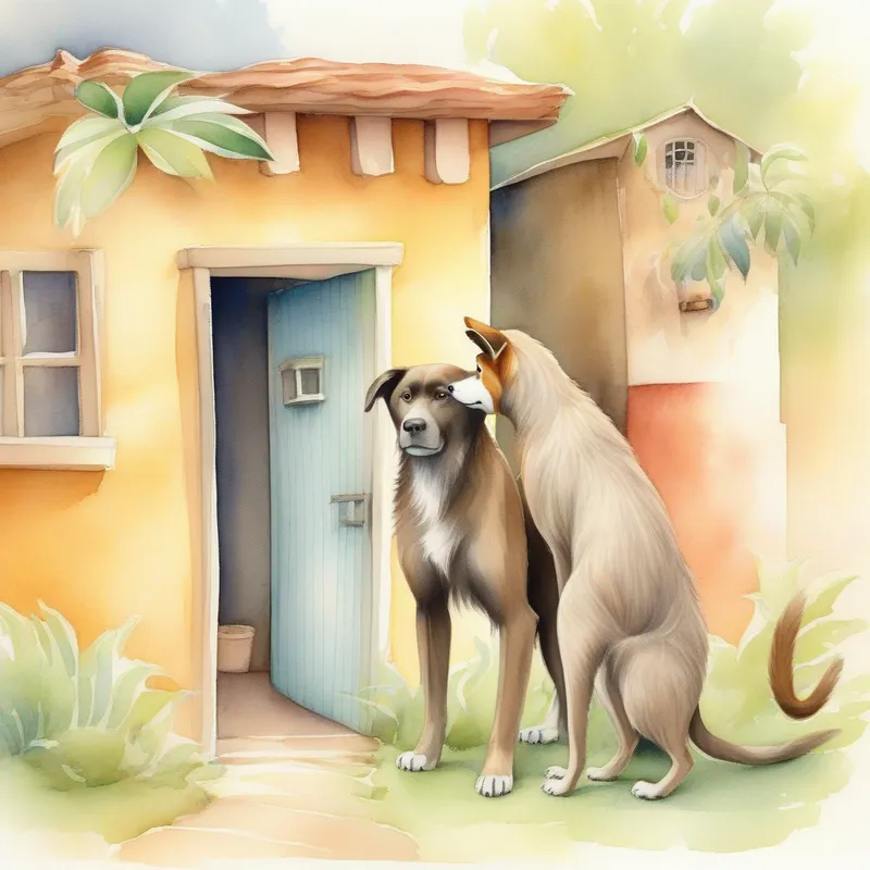 A friendly and confident dog, with a wagging tail. and A mischievous monkey, with a shy expression. hugging in front of their cozy homes.