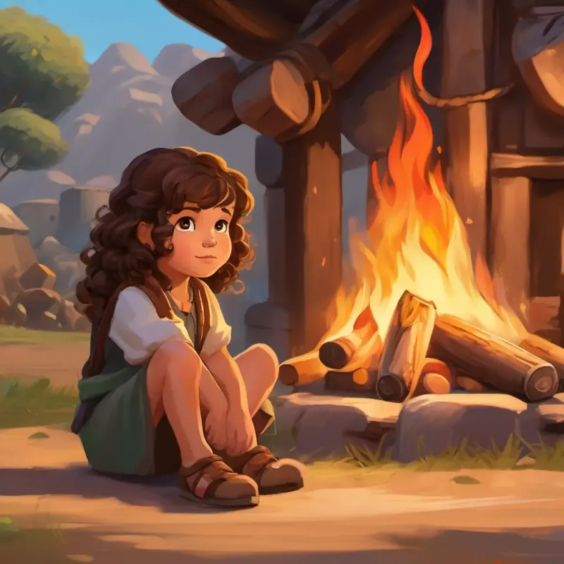 Curly brown hair, determined expression, 5 years old, a young Spartan girl with curly brown hair, sits by a fire, listening intently to tales of heroes. Outside, the village is surrounded by Persian invaders.