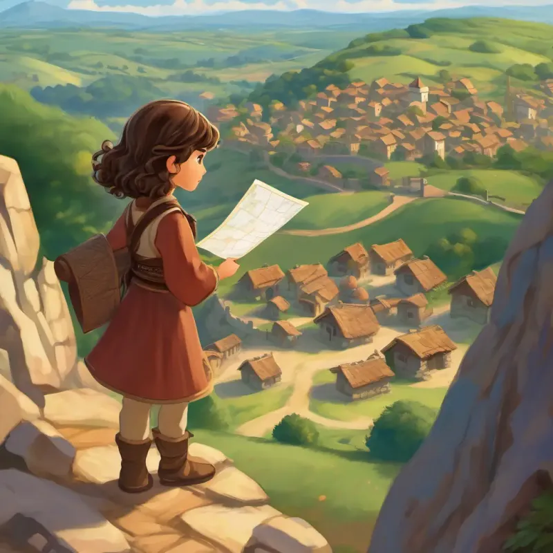 Curly brown hair, determined expression, 5 years old, with determination in her eyes, stands on a hill overlooking the village. The Persian invaders can be seen in the distance. She holds a map in her hand, planning her next move.