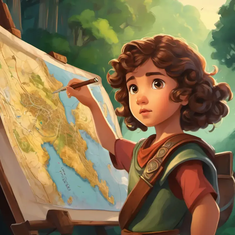 Curly brown hair, determined expression, 5 years old, surrounded by her fellow Spartans, points at a map illustrating her plan. Her eyes sparkle with determination and confidence. The other Spartans listen attentively, in awe of her cleverness.