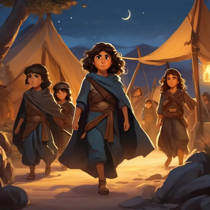 Curly brown hair, determined expression, 5 years old and her fellow Spartans move stealthily through the dimly lit Persian camp. They wear dark clothing to blend in with the night. Persian soldiers can be seen sleeping, unaware of the imminent danger.