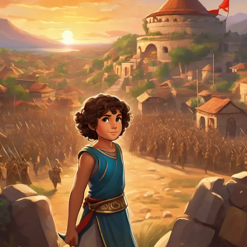 Curly brown hair, determined expression, 5 years old stands proudly in the victorious Spartan village. The Persian invaders retreat in the background. Her fellow Spartans cheer for her, grateful for her leadership and bravery. Curly brown hair, determined expression, 5 years old's eyes shine with pride and determination.