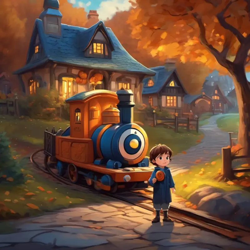 A cozy cottage with a train station nearby. A little boy with brown hair and sparkling blue eyes playing with his toy trains.