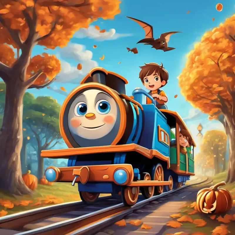 A little boy with brown hair and sparkling blue eyes's toy train derails and crashes into a tree. Happy and excited people of different ages and appearances on the train are scared.