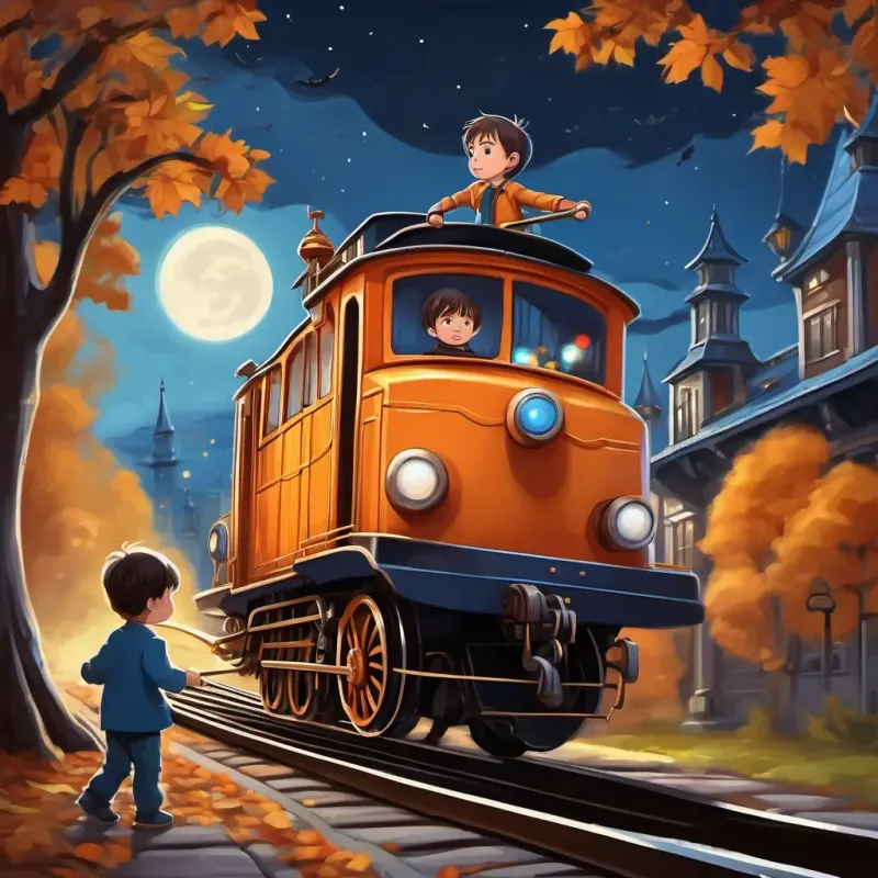 A crane train with a long arm and a big hook. Lifting A little boy with brown hair and sparkling blue eyes's toy train back onto the track.