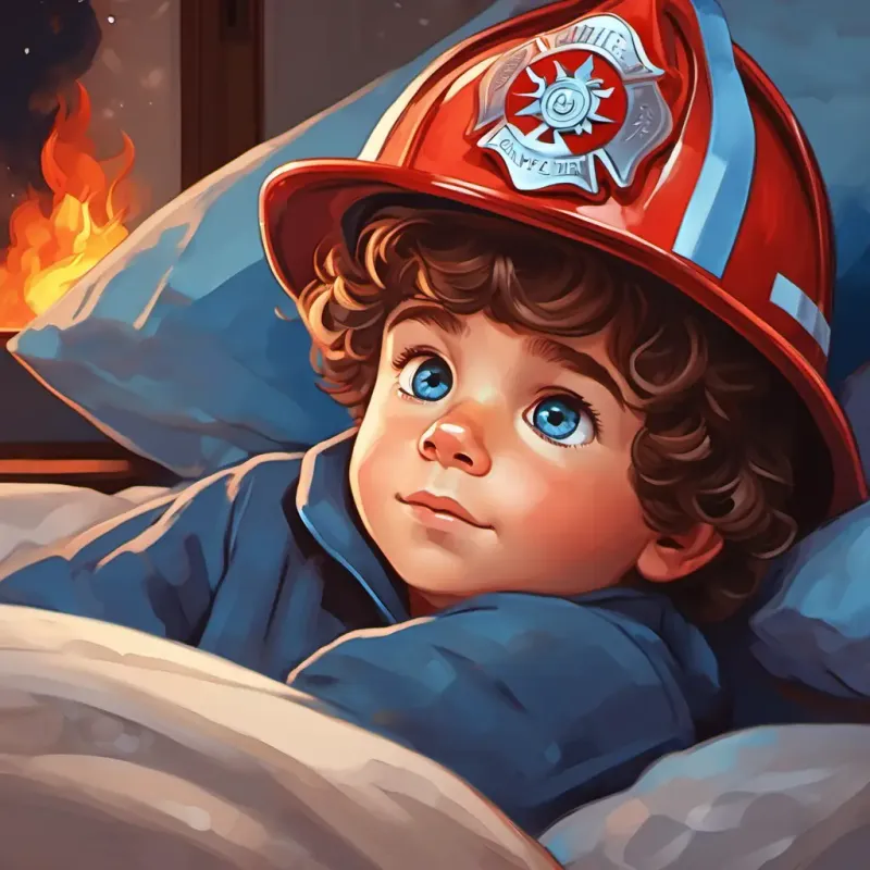In a small town, A little boy with curly brown hair and sparkling blue eyes, always wearing a firefighter hat, a 4-year-old boy, lying in bed dreaming of being a firefighter