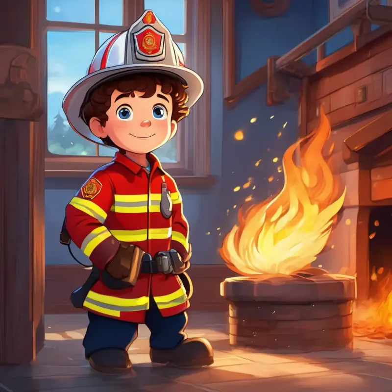 In A little boy with curly brown hair and sparkling blue eyes, always wearing a firefighter hat's bedroom, he wears a firefighter uniform and imagines sliding down the fire pole at the fire station
