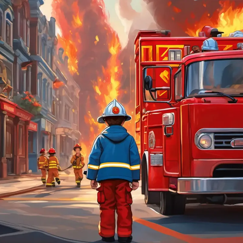 On a busy street, A little boy with curly brown hair and sparkling blue eyes, always wearing a firefighter hat admires the big red fire trucks and the firefighters wearing their gear