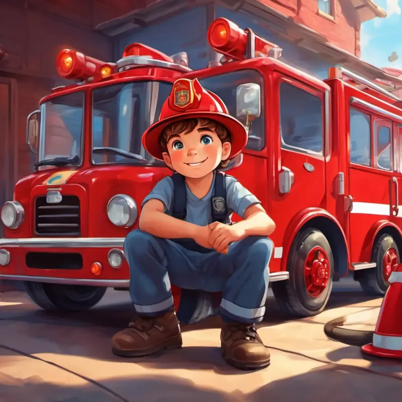 At the fire station, A little boy with curly brown hair and sparkling blue eyes, always wearing a firefighter hat explores the red fire trucks, tries on the firefighter gear, and sits in the driver's seat