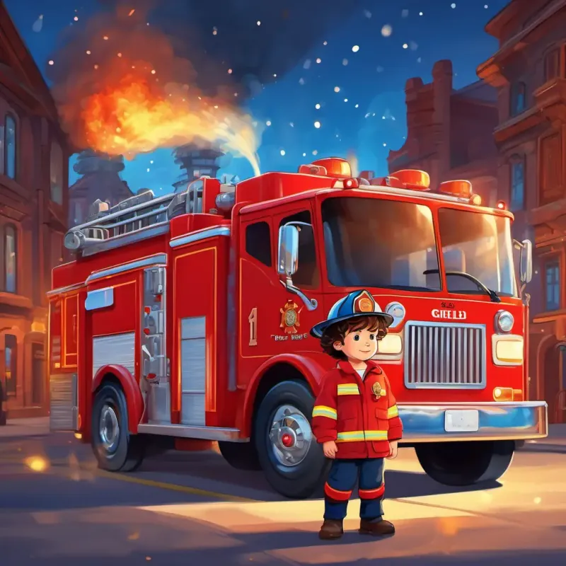 A little boy with curly brown hair and sparkling blue eyes, always wearing a firefighter hat grows up, becomes a firefighter, and drives the big red fire trucks, fulfilling his dream