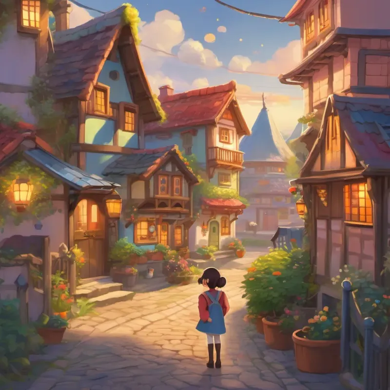 A colorful and lively town full of charming little houses, with a girl, A curious young girl with a cheerful smile and twinkling eyes, full of wonder and adventure, having an adventurous look, standing in front of her house.