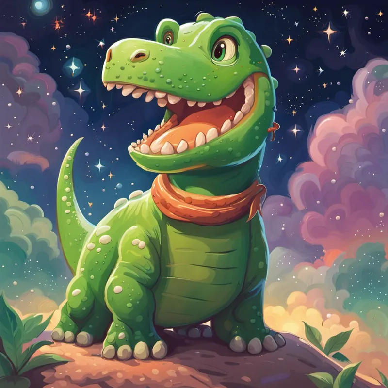 A green dinosaur with a friendly smile. dreams of space, standing beside rocket and stars