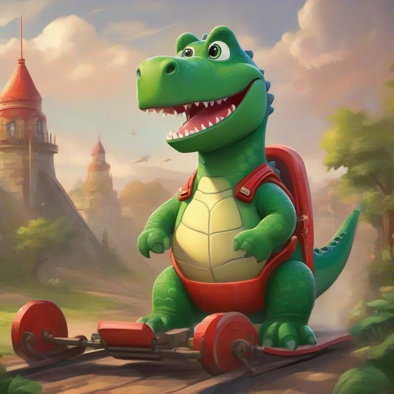 A green dinosaur with a friendly smile. builds a rocket, holding a red seat
