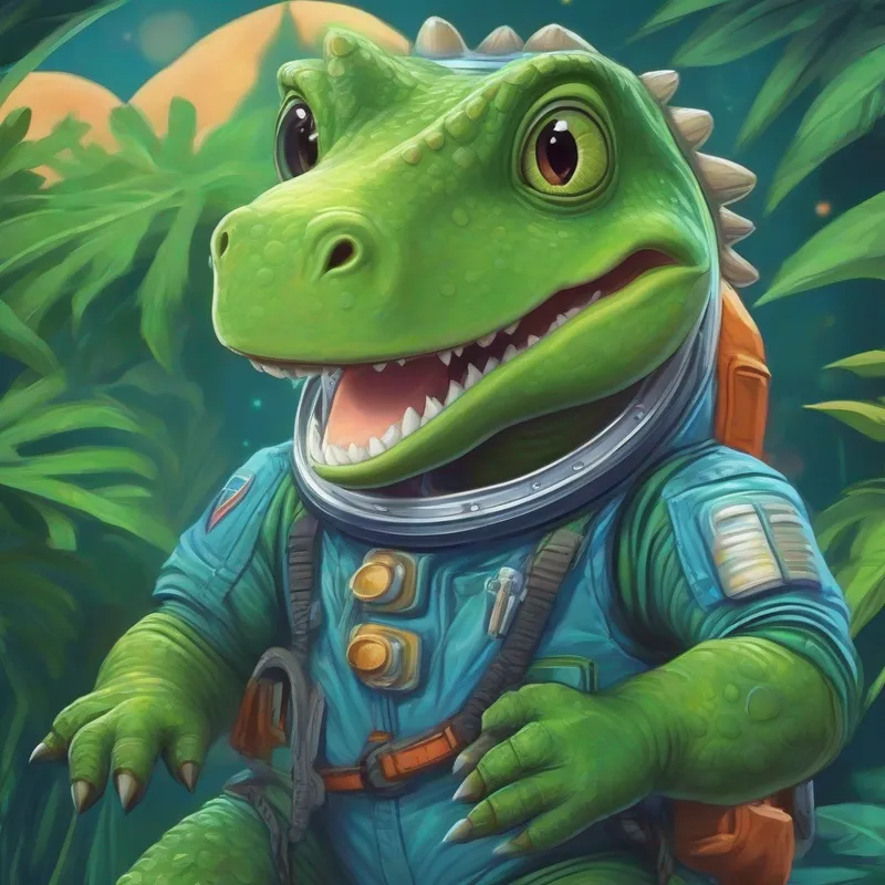 A green dinosaur with a friendly smile. wears blue space suit, smiling happily