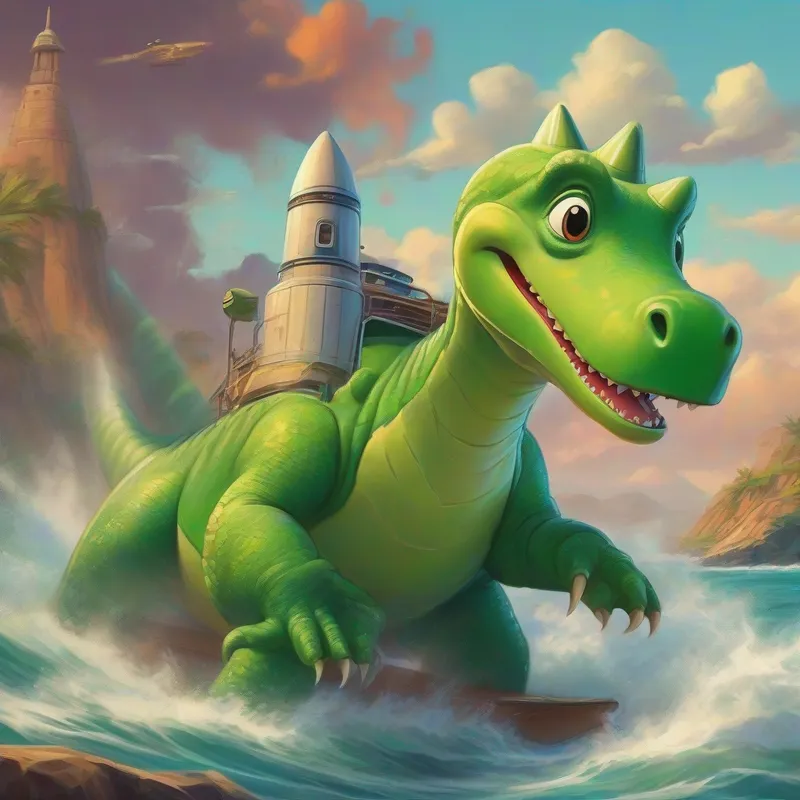 Rocket blasts off as A green dinosaur with a friendly smile. waves below