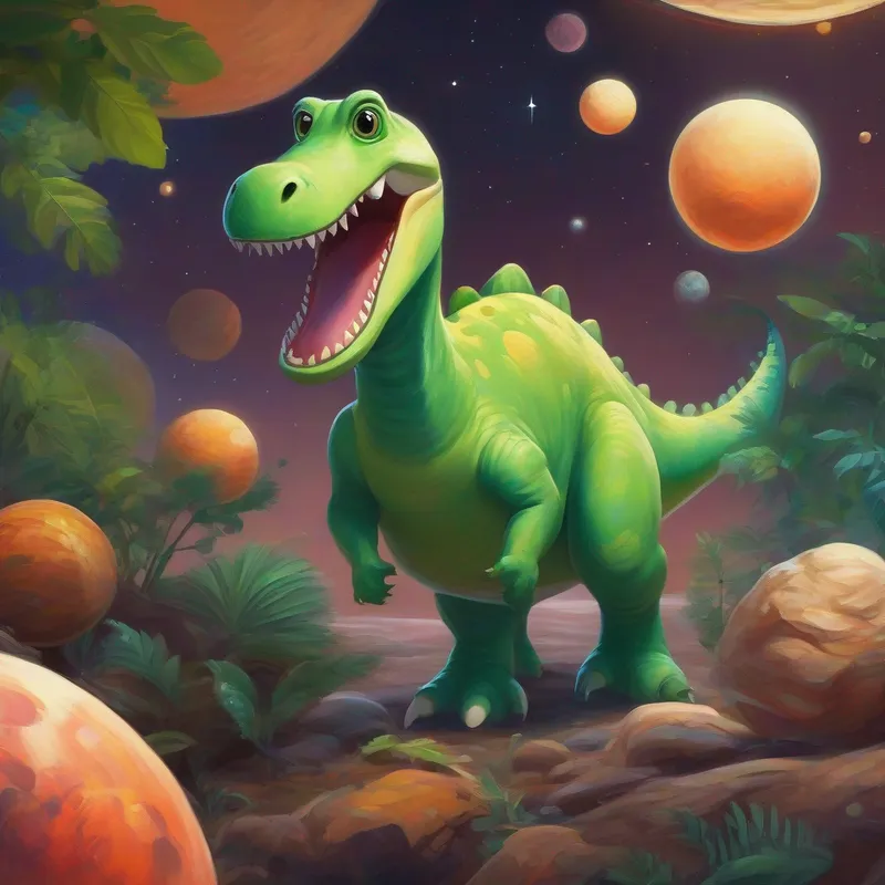 A green dinosaur with a friendly smile. floats among planets, wide-eyed with wonder