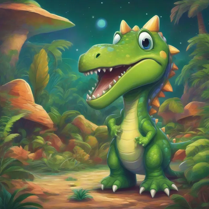 A green dinosaur with a friendly smile. talks to aliens about their colorful planets