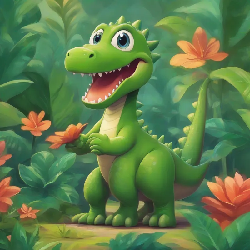 A green dinosaur with a friendly smile. feels proud and determined, standing tall